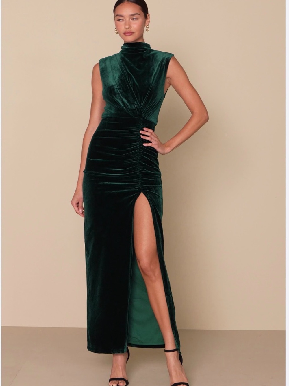 Lulu's Emerald Green Velvet High-Neck Maxi Dress with Thigh Slit